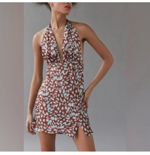 NWT Urban Outfitters Kiss The Sky Brown & Blue Print Halter Dress Medium New