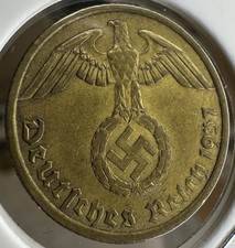 1937-D Germany 3rd Reich, 10 Pfennigs, Full Eagle Detail, Munich Mint, Rare.