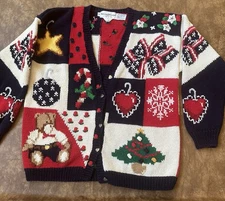 Vtg 1992 The Eagle's Eye Hand Knit Cardigan Sweater w/Bear Women's Med Christmas