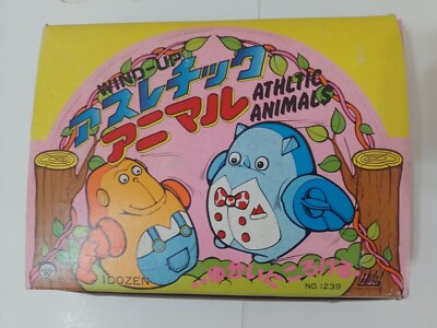 Vintage Aufzieh ''Sporttiere'' Affe Spielzeug Set x12 mit Aufbewahrungsbox Japan 1970er