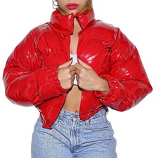 Red Long Sleeve Horizontal Quilt Stand Up Collar Crop Puff Jacket Outerwear Nwt