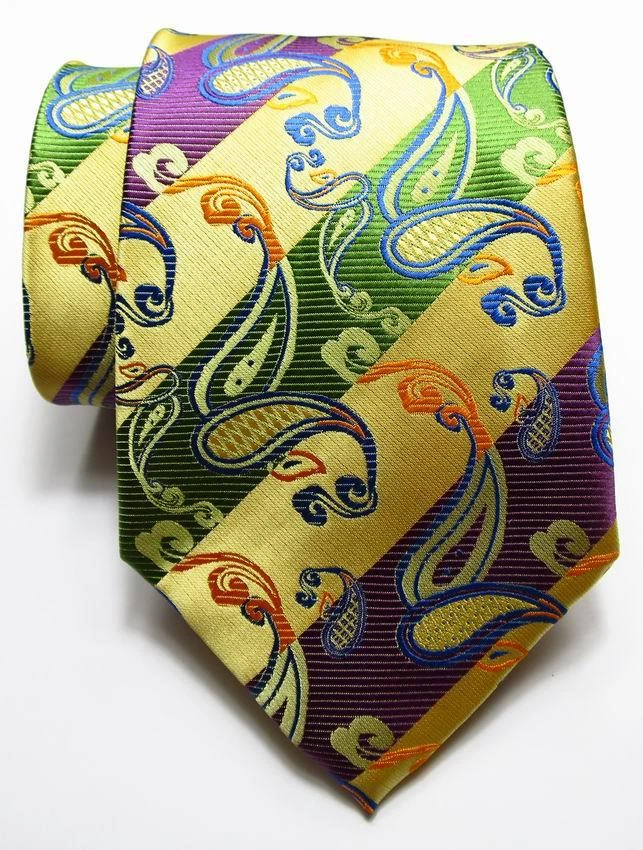 Nova Gravata Masculina Paisley Listrada Ouro Verde Roxo Tecido JACQUARD 100% Seda - Imagem 2 de 2