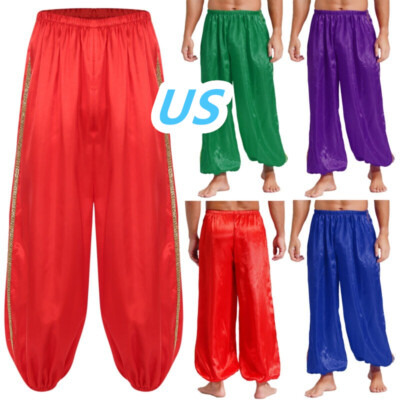 US Mens Arabian Prince Harem Pants Satin Loose Bollywood Belly Dance Trousers 
