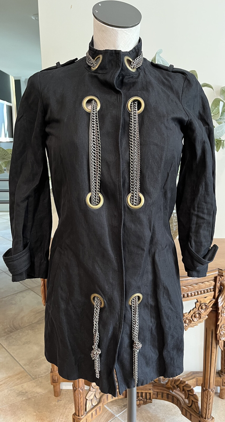 Gryphon Women XS black cotton blend snap front chain Grommet detail jacket