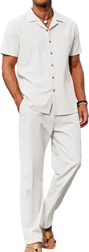 COOFANDY Men 2 Piece Linen Outfit Beach Button down Shirt Casual Loose Pant Sets - 第 11/12 張圖片