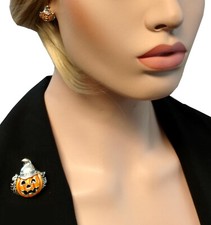Halloween Jewelry Set Jack O Lantern Pumpkin Pin Brooch Pierced Stud Earrings