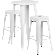 24'' Round White Metal Indoor-Outdoor Restaurant Bar Table Set w/2 Barstools
