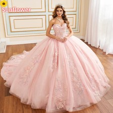 Pink Princess Quinceanera Dresses Shiny Lace Applique Bow Ball Gowns Sweet 15 16