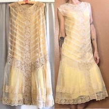 Vintage 1920s Sheer Mesh Net Crochet Drop Waist Dress  Silk Slip Coquette