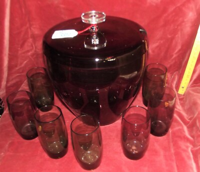 Glas Nr. 202,Bowle, Bowlegefäß mit 6 Gläsern, Rauchglas, geschliffen, 50er Jahre