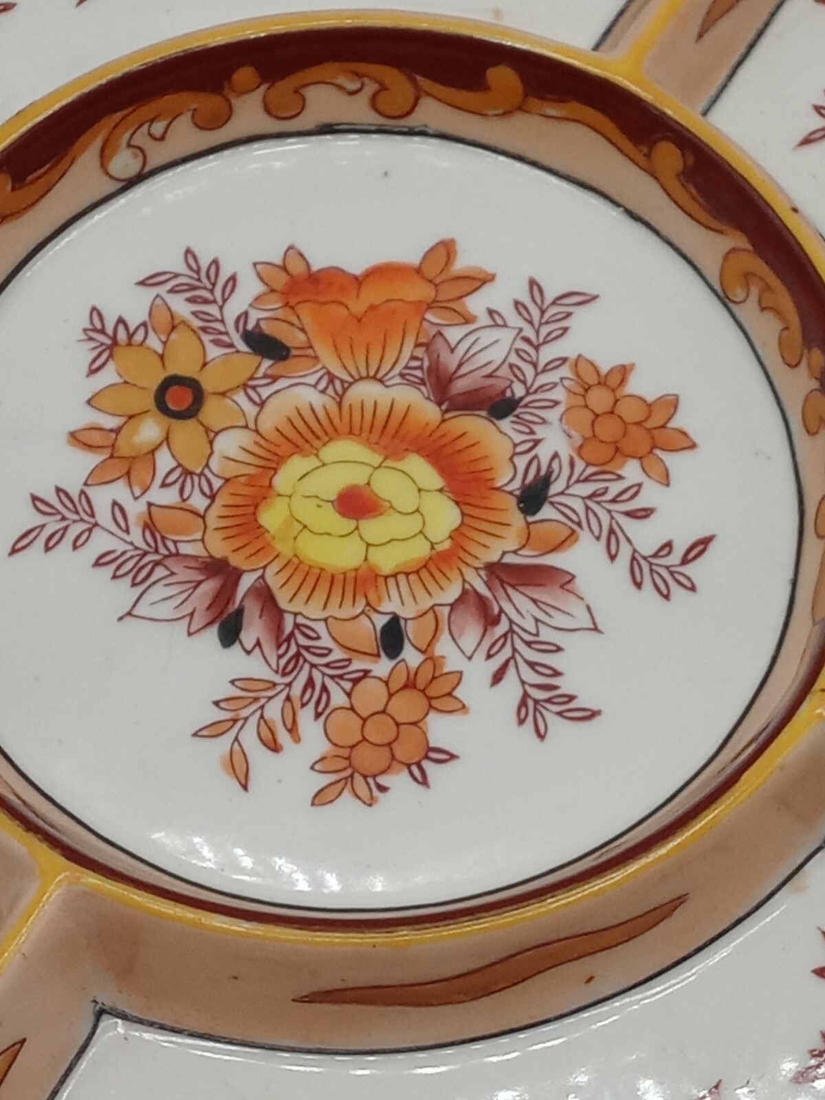 Antique Divided Serving Dish Platter Bright Orange Handpainted Floral