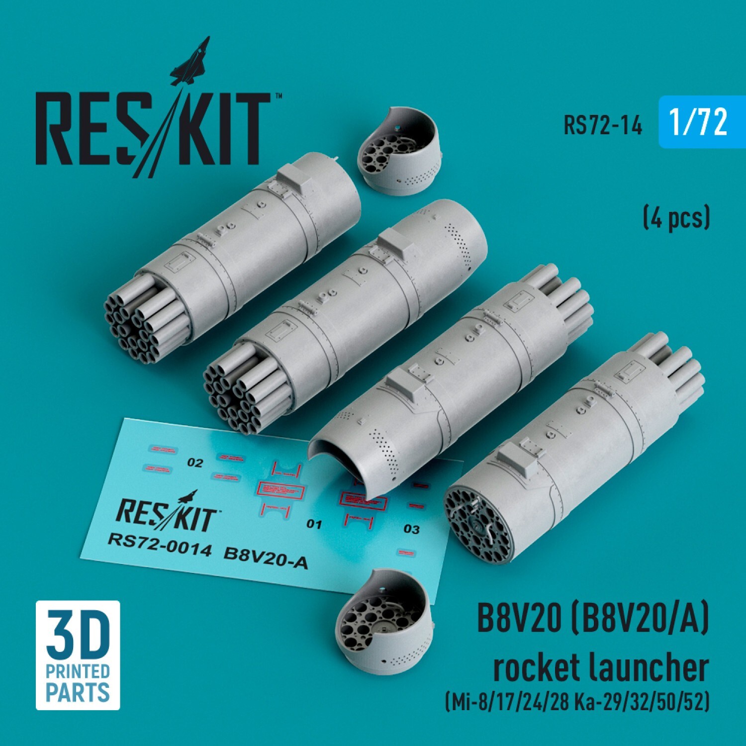 1:72 ResKit RS72-0014 B8V20-A Rocket Launchers Mi-8 Mi-24 4pc 3D Print