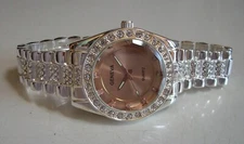 Men's Bling Geneva Silver Finish Rose Gold Dial Fashion Dressy Casual Watch