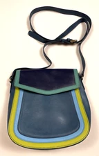 ili New York Leather Color Block Blue Green Yellow 9.5" Shoulder Bag Purse