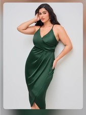 Cider SATIN V-NECK WRAP KNOTTED MIDI DRESS CURVE & PLUS XXL