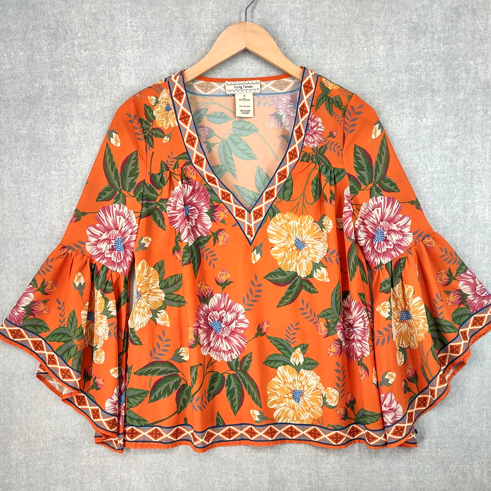 Flying Tomato Blouse Womens Small Floral Bell Sleeve Hippie Boho Festival Top