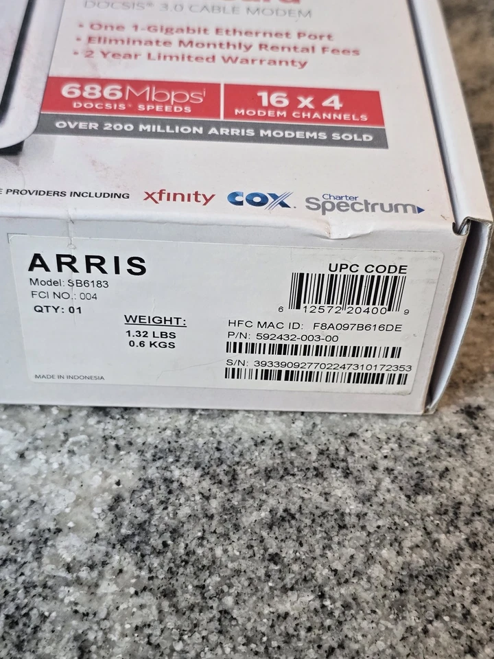 ARRIS SURFboard SB6183 Cable Modem DOCSIS 3.0 686Mbps 16x4 Xfinity Spectrum Cox - Image 2 of 4