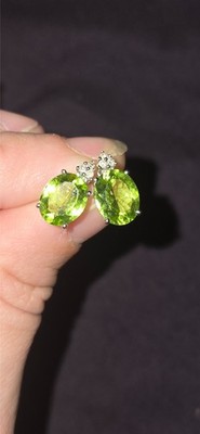 14k White Gold Oval Peridot And Diamond Earrings