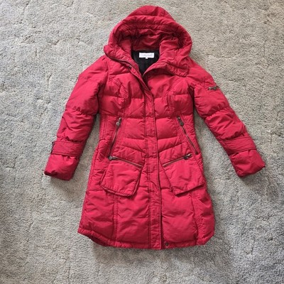 Womans Calvin Klein Quilted Down Red Hooded Full Zip Puffer Parka Coat Jacket XS