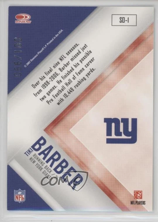 2007 Leaf Rookies & Stars Standing Ovation Green /100 Tiki Barber #SO-1 - Image 2 of 2