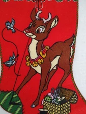 Vtg Rudolph the Red Nosed Reindeer Christmas Stocking Robert L May Birds Sewing
