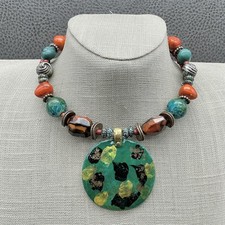 Statement Necklace Green Pendant Multicolor Beads Boho Womens Fashion Jewelry