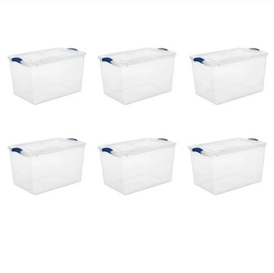 Sterilite 66 Quart Plastic Storage Totes Clear with Blue Latch Lid - Pack of 6