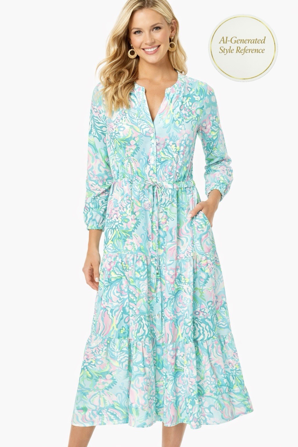 Lilly Pulitzer Turquoise Pink Floral Tiered Maxi Dress Size 4 Long Sleeve