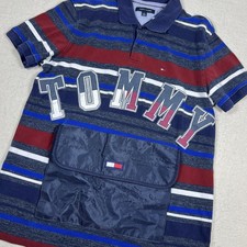Y2K Tommy Hilfiger Polo Shirt Mens XL Blue Red Striped Front Pocket Spell Out