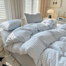 Gingham Duvet Cover King Size Blue White Plaid Checkered Comforter Cover 3 Pc...
