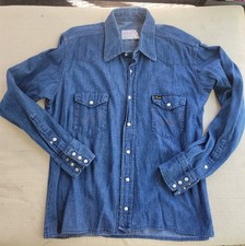 Vtg Wrangler Western Shirt 60s Denim Blue PreShrunk Snaps Extra Long 16 1/2 34