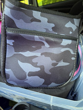 Haute Shore Gray/Black Camo Small Crossbody Zip Bag Adjustable Pink/Navy Strap