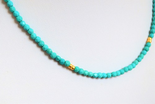 Natural Faceted 4mm Blue Turquoise Yellow Gold Necklace Handmade - Picture 2 of 5