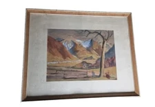 antique landscape painting" Vue Aux Pyrenees" Saint Savin Easter 1943 Signed O.Aclam