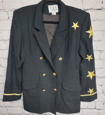 Take Six Blazer Womens 8 Black Gold Vintage 70s Double Breasted Naval Jacket