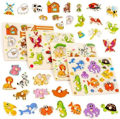 THE TWIDDLERS 4 Holzpuzzle Steckpuzzle Greifpuzzle für Babys & Kleinkinder - Montessori Le...