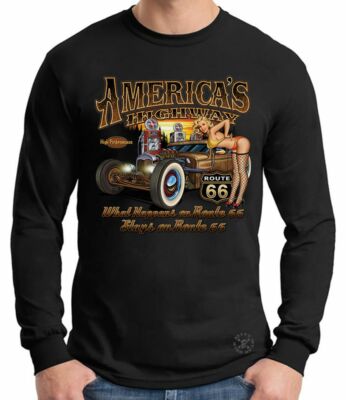 America's Highway Hot Rod Long Sleeve T-Shirt ~ Sexy Pinup Girl Tee Route 66 Rat