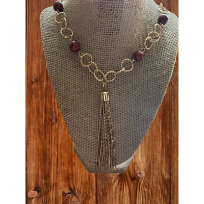 Vintage Gold Tone Chain Necklace Goldstone Beads Chain Tassel Adjustable 38''