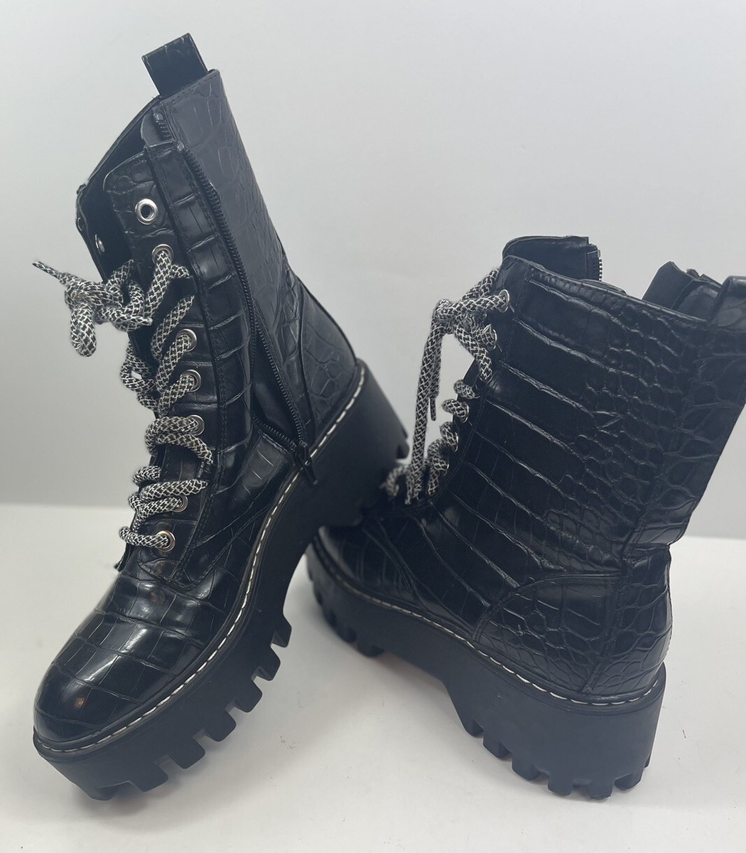 Zara Trafaluc Black Lace Up Combat Boots Lug Sole Croc Embossed