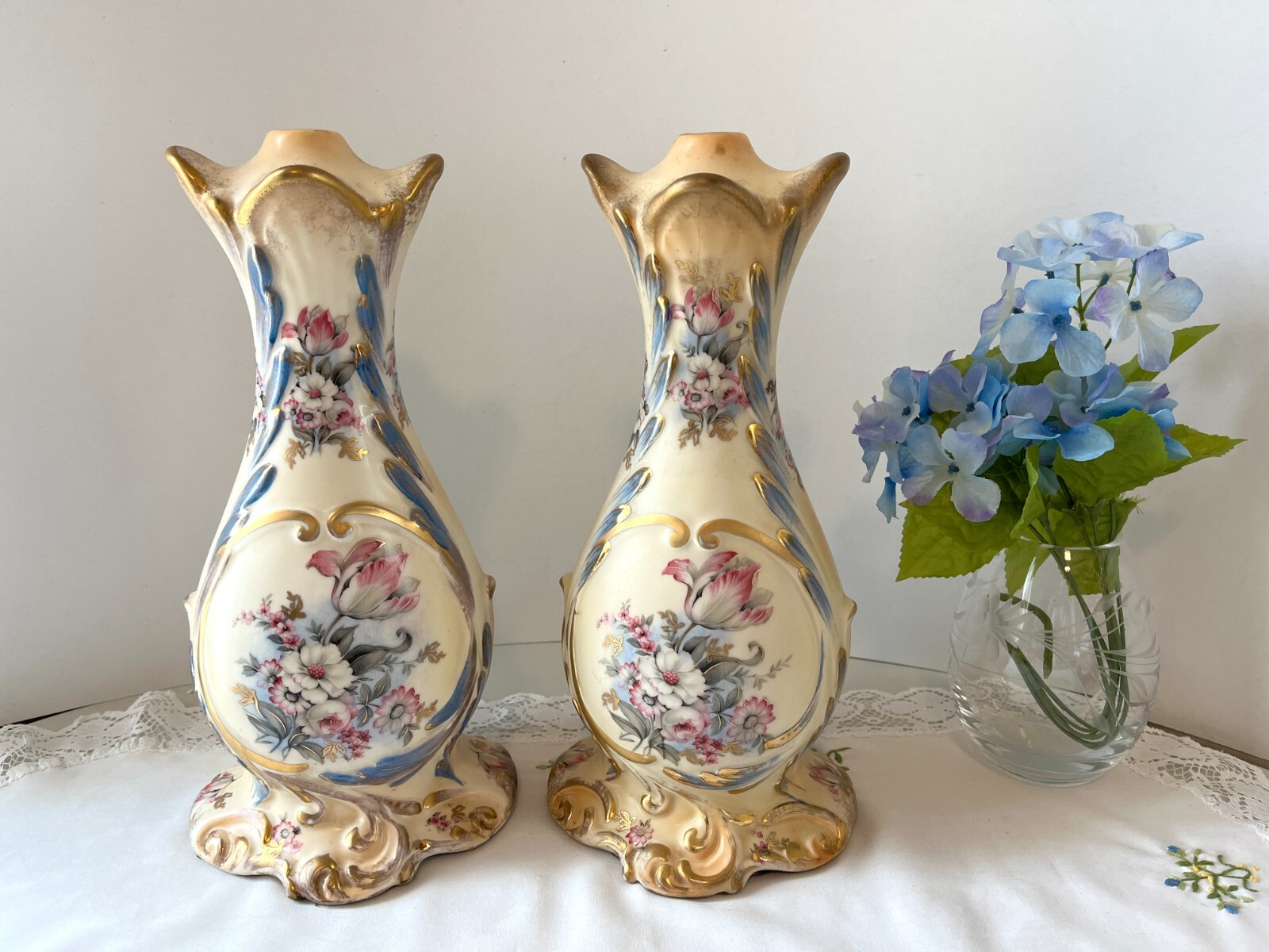 Table Lamp Bodies Victorian Ceramic Pink Blue White Floral Gold Restore Project-image