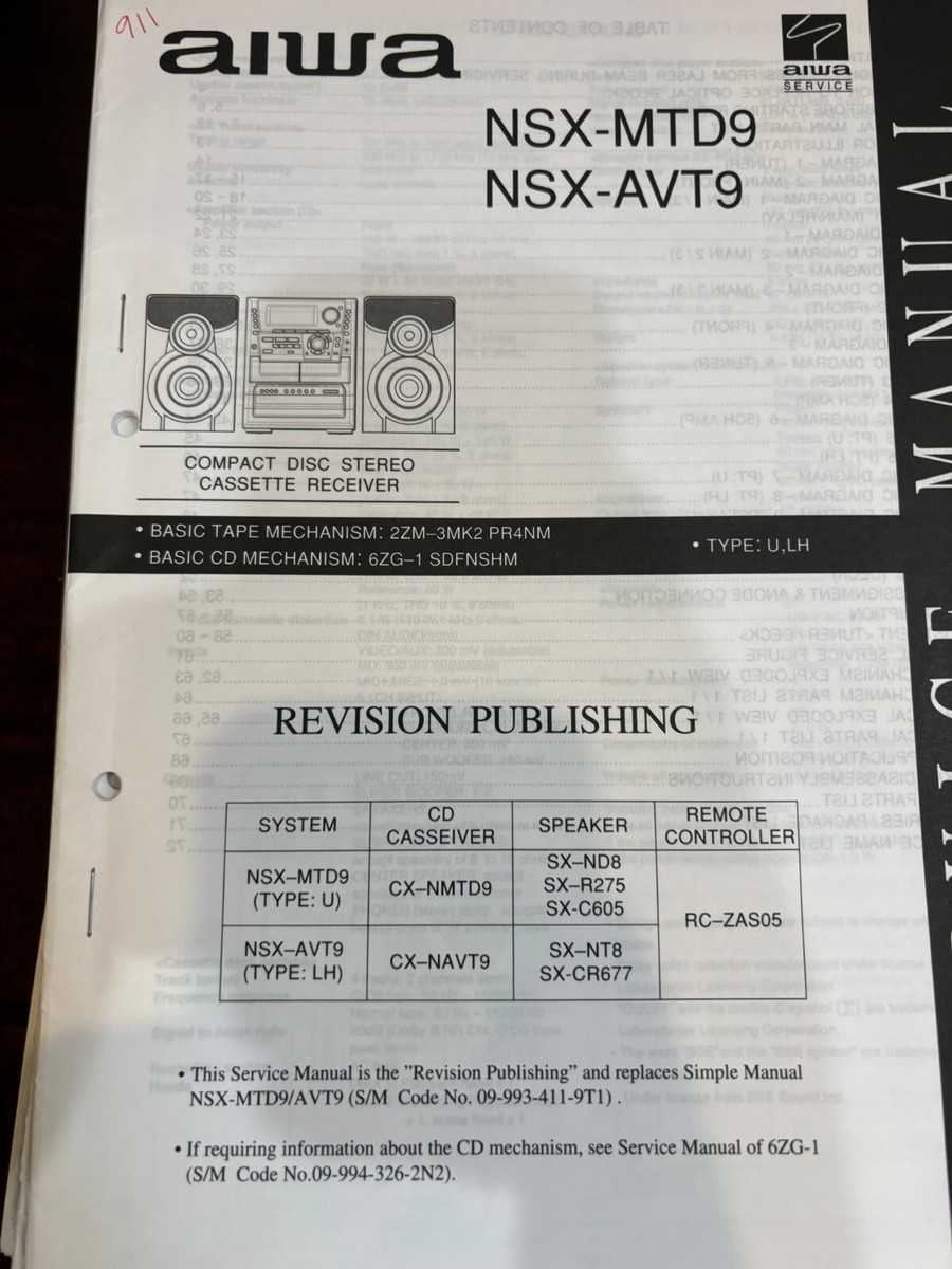 AIWA NSX-MTD9 NSX-AVT9 CX-NMTD9 Repair Service Manual 911 925