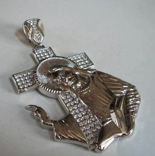 Men's Silver Finish Clear Stone Cross & Jesus Fashion Hip Hop Charm
