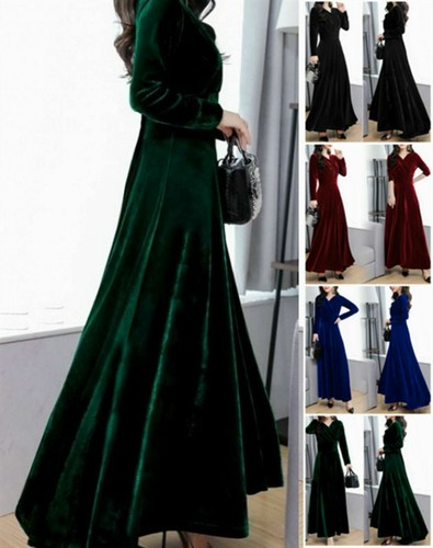 Womens Velvet V Neck Swing Dress Long 