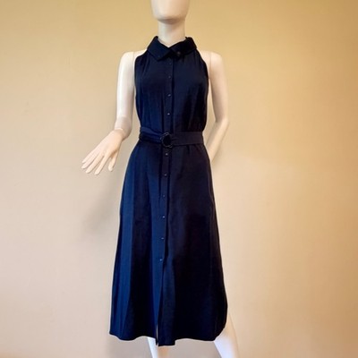 Akris Punto Women's Navy Blue Sleeveless Button Front Belted Midi Dress  Size 2