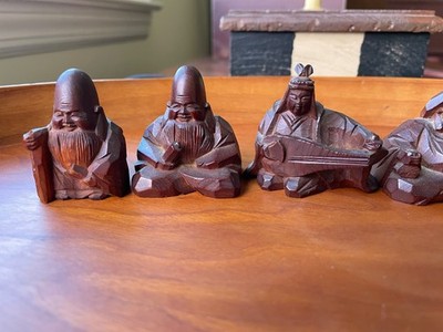 Ittobori 7 Lucky Gods Japan Hand Carved Yew Wood Vintage Statues