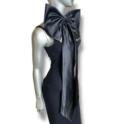 Black Bow Tie Womens Oversized Necktie Pussy Cat Bow Black Satin Pin On