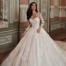 Customized Gorgeous Ball Gown Wedding Dress Long Sleeve Lace Applique Princess