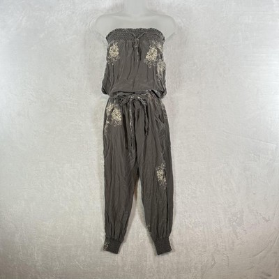 Liu Jo Jumpsuit Womens 40 Gray Strapless Silk Floral Smocked Waist Boho Y2K