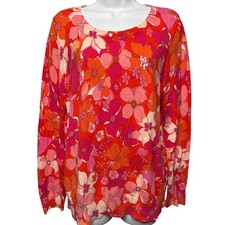 TALBOTS Womens Red Pink Floral Long Sleeve Sweater Sz L Hippie Retro Light-Knit