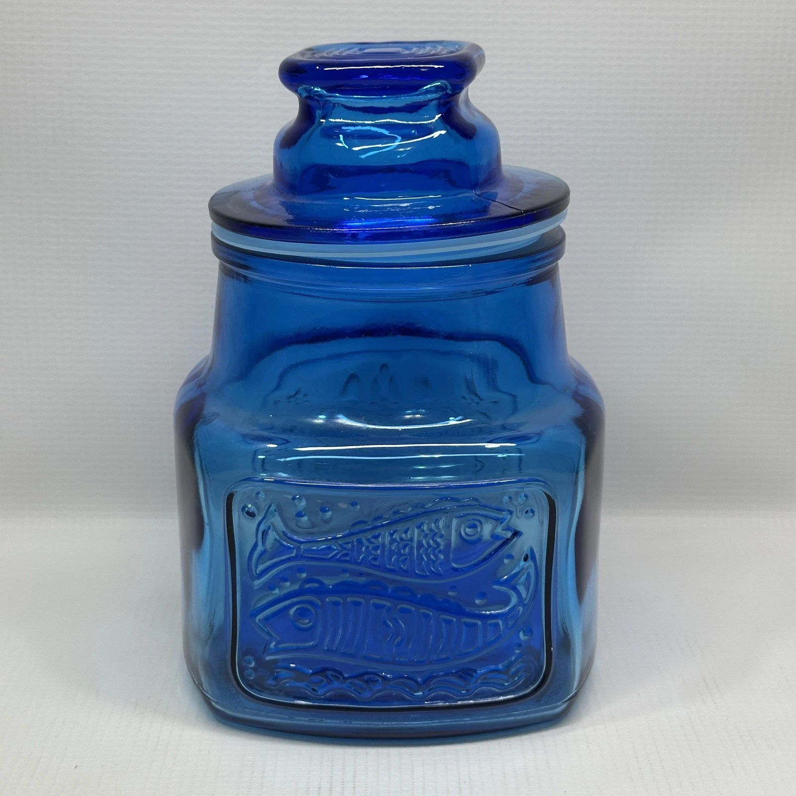 Vintage Wheaton Blue Glass Cookie Jar Fish Heart Design 7.5 In USA Kitchen Decor
